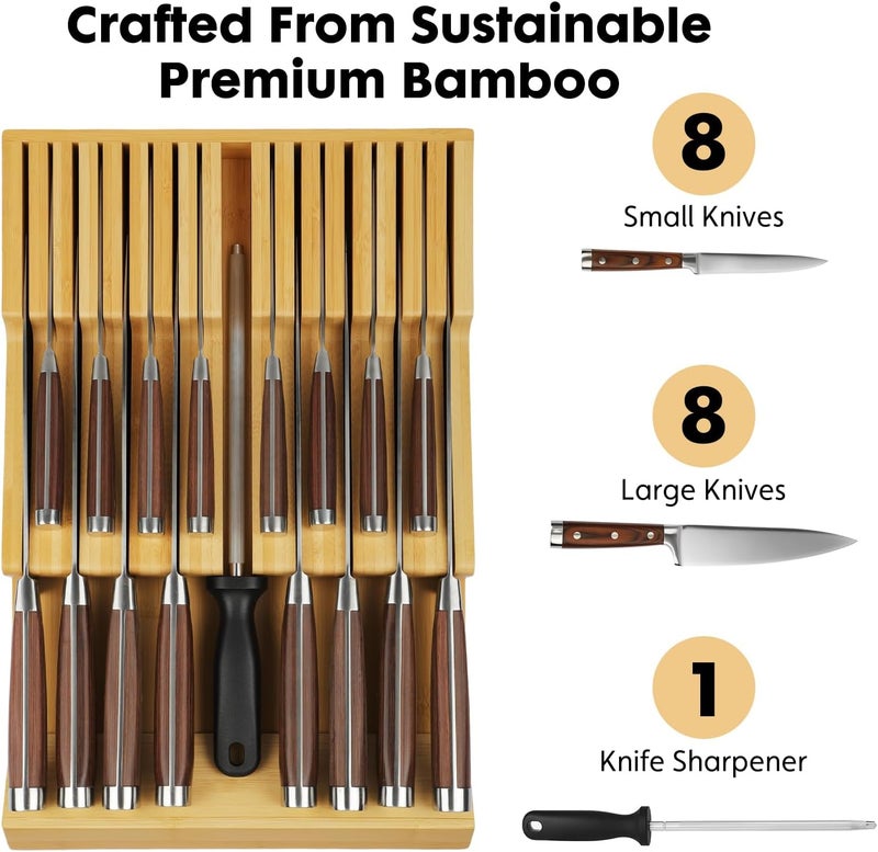 WenCraft Bamboo Kitchen Drawer Knife Holder, In-drawer Knife Block, Knife Drawer Organizer fit for 16 knives and 1 steel sharpening - Image 4